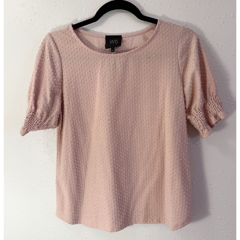 W5 Pink Puff Sleeve Blouse with Scoop Neck‎ and Ruffled Style